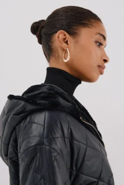 Cortefiel Casacos|Acolchoados E Agasalhos-Anoraque acolchoado reversível com efeito de pele Preto