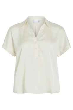 Vila Blusas-Blusa acetinada de manga curta Ecru