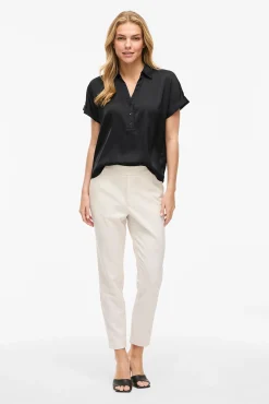 Vila Blusas-Blusa acetinada de manga curta Preto