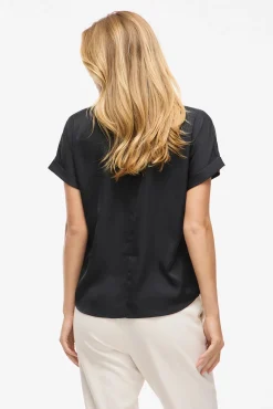 Vila Blusas-Blusa acetinada de manga curta Preto