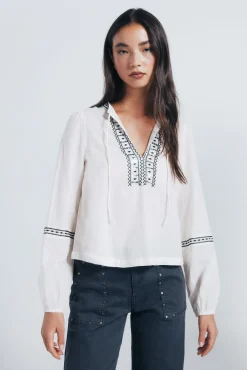 Springfield Blusas-Blusa boho com bordado de lantejoulas cru