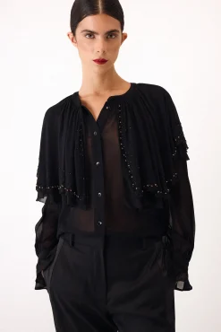 Pedro del Hierro Blusas-Blusa capa bordada Preto