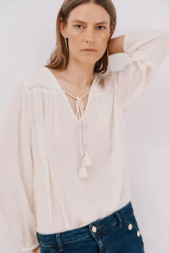 Cortefiel Blusas-Blusa com borlas Branco