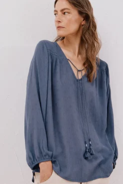 Cortefiel Blusas-Blusa com borlas Azul