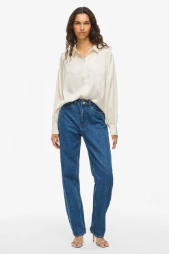 Vila Blusas-Blusa de cetim de manga manga Branco