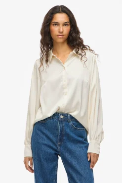 Vila Blusas-Blusa de cetim de manga manga Branco