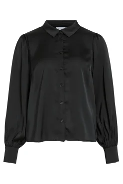 Vila Blusas-Blusa de cetim de manga manga Preto