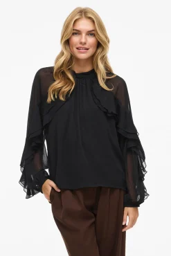 Vila Blusas-Blusa de chiffon com babados Preto