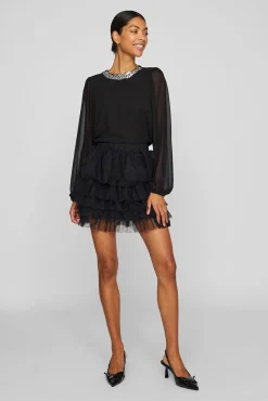 Vila Blusas-Blusa de chiffon com pedraria no gola Preto