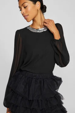 Vila Blusas-Blusa de chiffon com pedraria no gola Preto