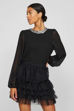 Vila Blusas-Blusa de chiffon com pedraria no gola Preto