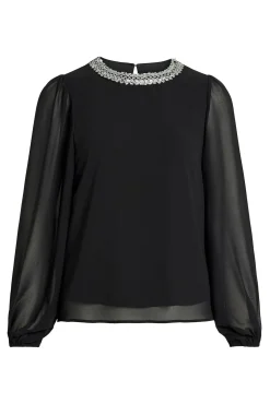 Vila Blusas-Blusa de chiffon com pedraria no gola Preto