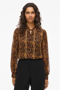 Vila Blusas-Blusa de chiffon estampada Castanho