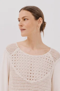 Cortefiel Blusas-Blusa de crochet combinada Branco