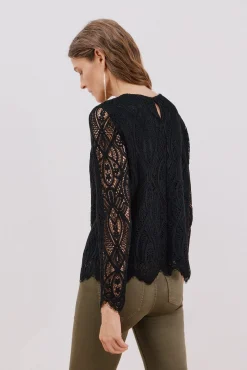 Cortefiel T-Shirts-Blusa de guipura de manga comprida Preto