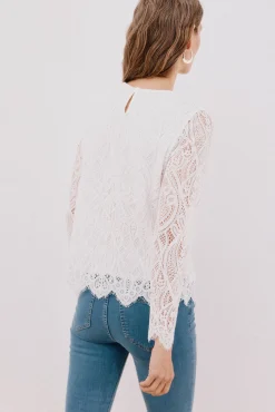 Cortefiel T-Shirts-Blusa de guipura de manga comprida Branco