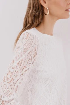 Cortefiel T-Shirts-Blusa de guipura de manga comprida Branco