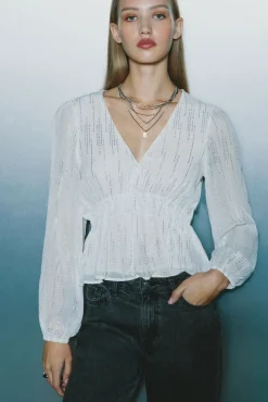 Springfield Blusas-Blusa de lurex com cós elástico cru