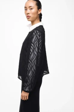 Vila Blusas-Blusa de manga comprida com gola redonda Preto