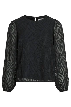 Vila Blusas-Blusa de manga comprida com gola redonda Preto