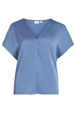 Vila Blusas-Blusa de manga curta acetinada Azul