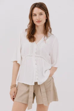 Cortefiel Blusas-Blusa de renda com babados Branco