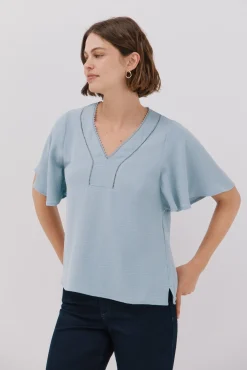 Cortefiel Blusas-Blusa de renda com babados Azul