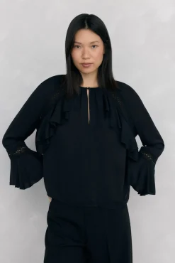 Pedro del Hierro Blusas-Blusa de renda com babados Preto