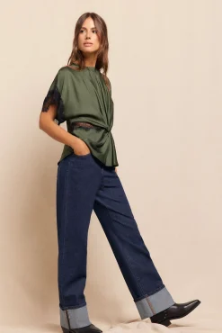 Slowlove Blusas-Blusa de renda de cetim Verde