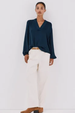 Cortefiel Blusas-Blusa de satin fluido Azul