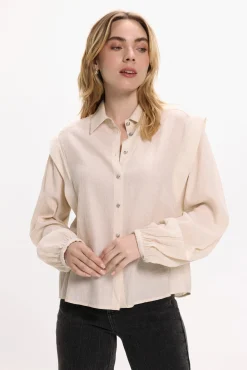 Vila Blusas-Blusa de viscose com detalhes em lurex Tostado