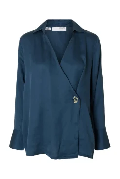 Selected Blusas-Blusa gola V com detalhe metálico Azul