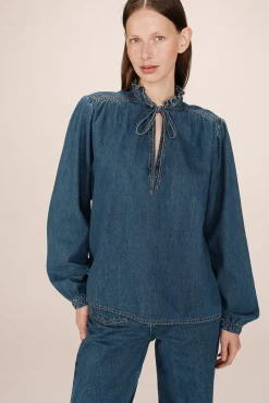Grace & Mila Blusas-Blusa jeans de manga longa com detalhe de folho e laço no gola Azul