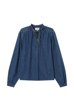 Grace & Mila Blusas-Blusa jeans de manga longa com detalhe de folho e laço no gola Azul