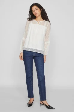 Vila Blusas-Blusa plumeti de manga comprida Branco