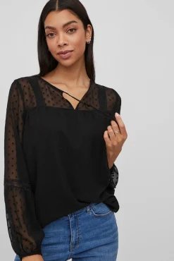 Vila Blusas-Blusa plumeti de manga comprida Preto