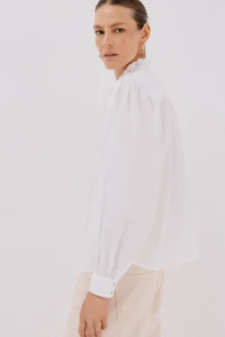 Cortefiel Blusas-Blusa riscas com gola franzida Branco