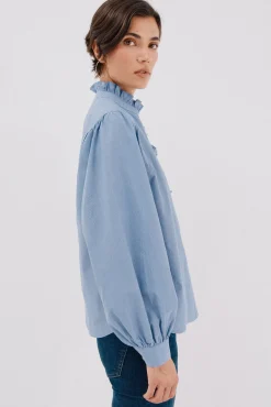 Cortefiel Blusas-Blusa riscas com gola franzida Azul