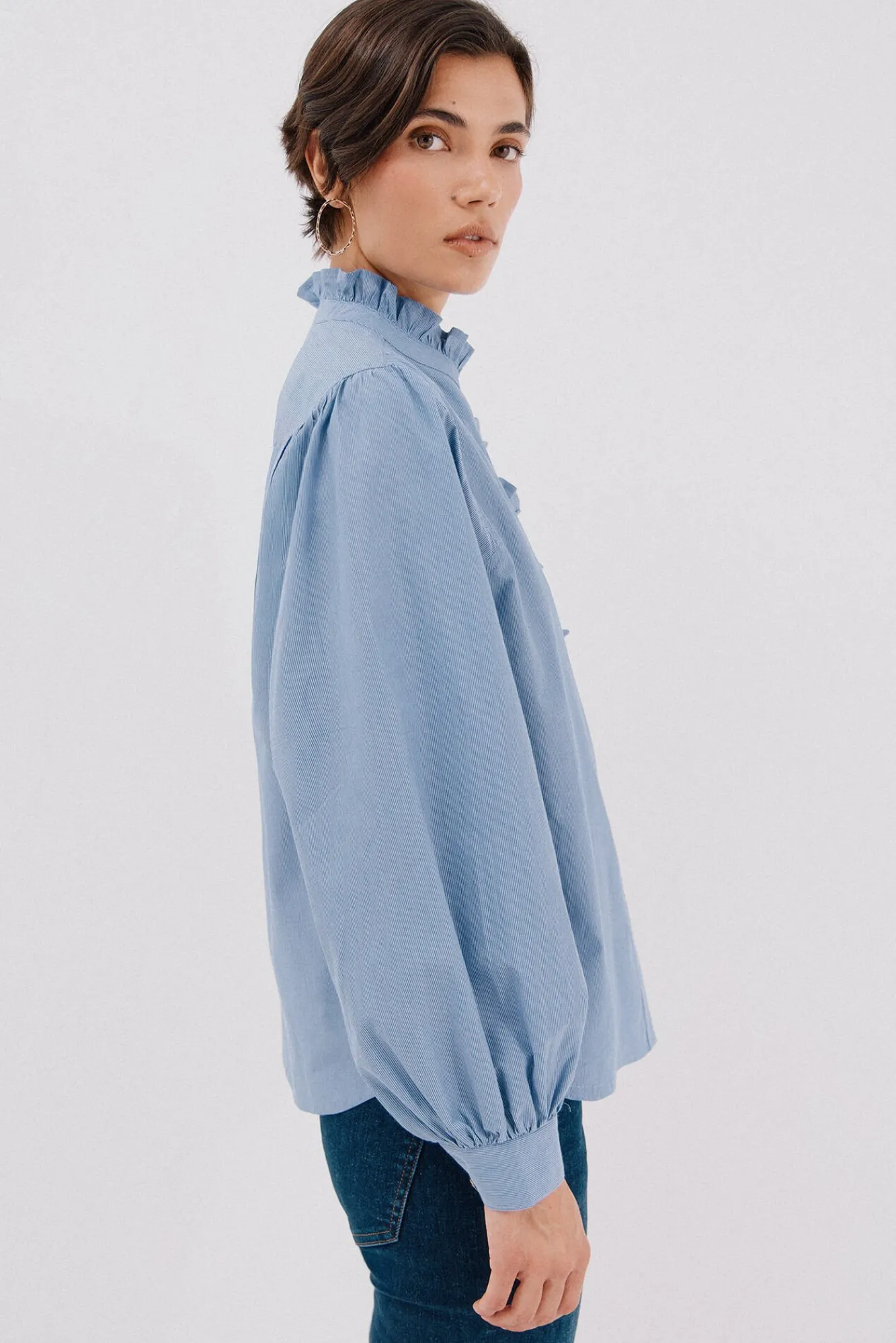 Cortefiel Blusas-Blusa riscas com gola franzida Azul