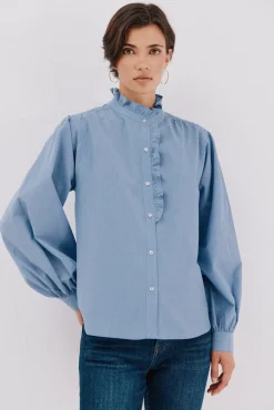 Cortefiel Blusas-Blusa riscas com gola franzida Azul