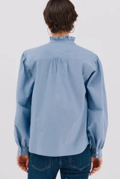 Cortefiel Blusas-Blusa riscas com gola franzida Azul