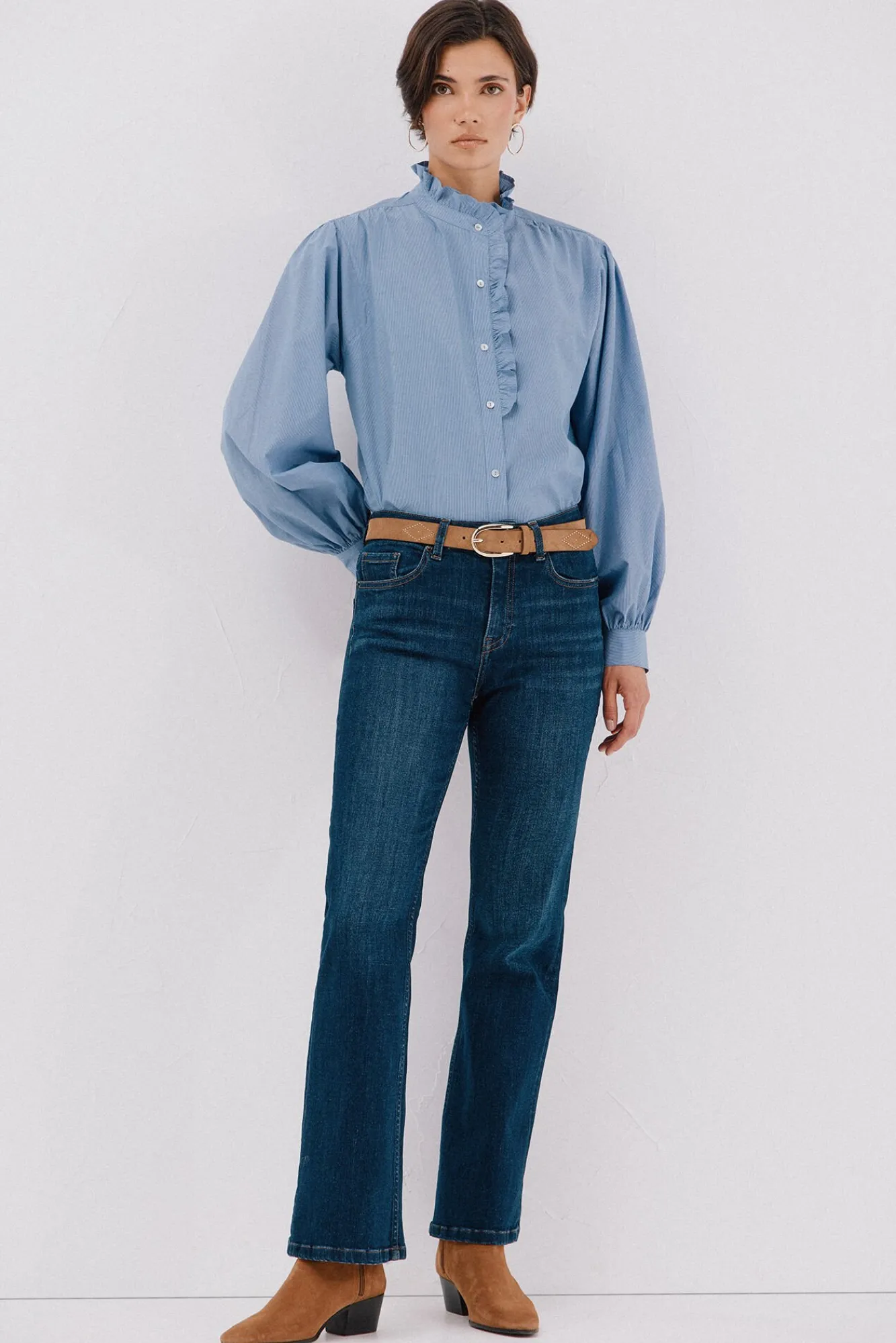 Cortefiel Blusas-Blusa riscas com gola franzida Azul