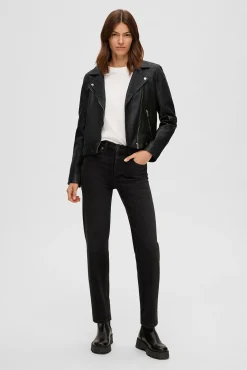 Selected Sobretudos-Blusão biker cropped 100% couro. Preto