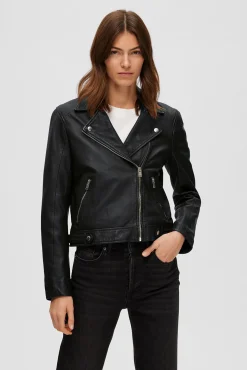 Selected Sobretudos-Blusão biker cropped 100% couro. Preto