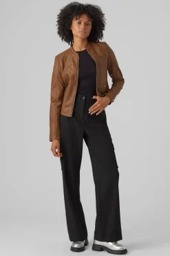 Vero Moda Sobretudos-Blusão com efeito couro e gola Perkins Castanho