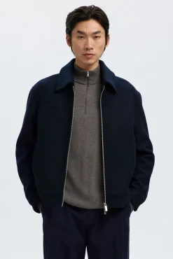 Selected Casacos-Blusão curta de lã com fecho-éclair Azul