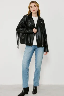 Vila Sobretudos-Blusão de motociclista de couro sintético com franjas Preto