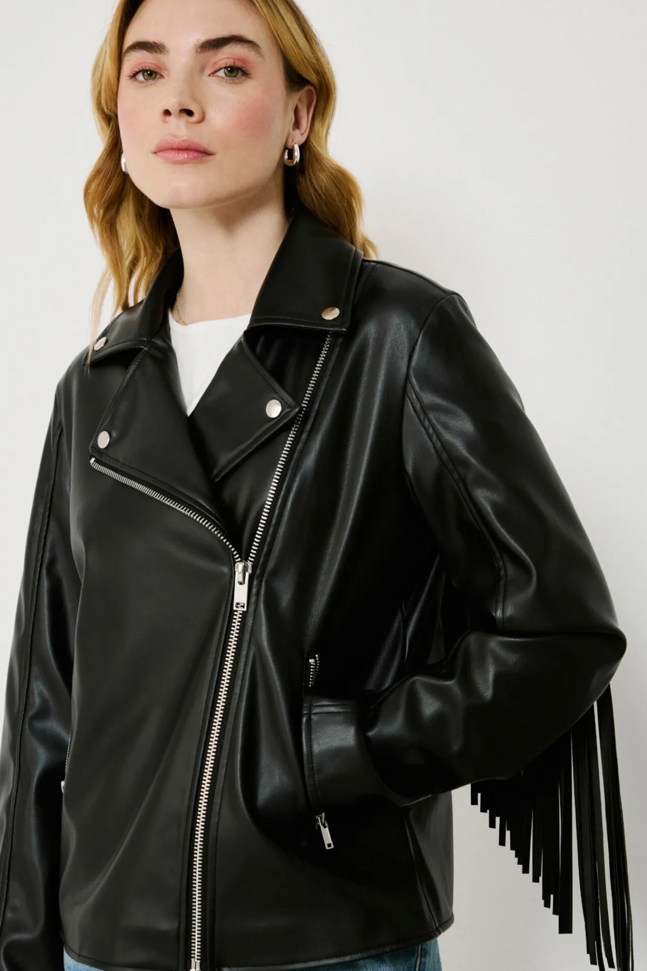 Vila Sobretudos-Blusão de motociclista de couro sintético com franjas Preto