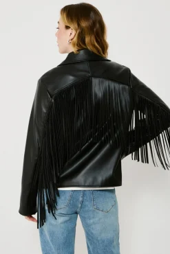 Vila Sobretudos-Blusão de motociclista de couro sintético com franjas Preto