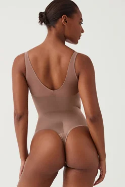 Spanx Roupa Interior-Body modelador de tule de cetim e tanga de compressão de cetim cru